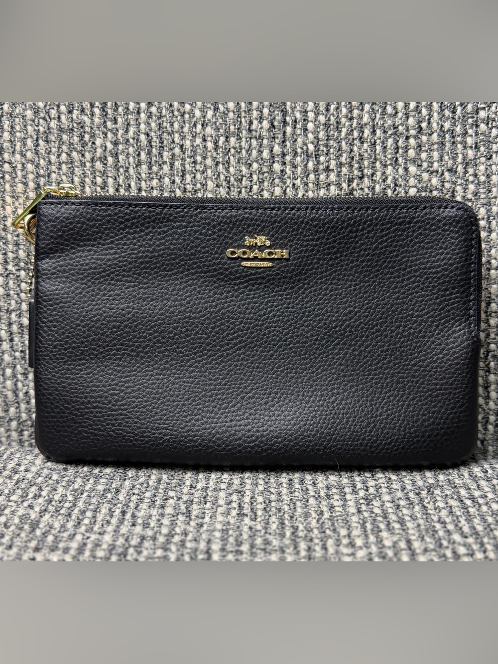 Coach F87587 Double Zip Large Wristlet Wallet Black Pebbled Leather Gold READ